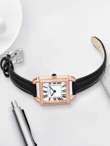 LUCKYFOX 1pc Boxed Quartz Watch, Minimalist Square Dial Design, Leather Strap, Suitable For Daily Life, Youth & Student, Luxury Feel - Black - View 3