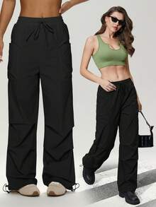 UONNOU 1pc Y2K Style Women's Parachute Pants Elastic Drawstring Waist Design Large Pockets Adjustable Hem Street Style Cargo Pants - Black - View 11