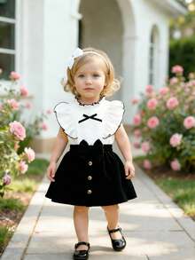 Vestido corto de una sola hilera con cuello de volantes, sin mangas y decoración de lazo para niñas bebés, elegante y lindo, conjunto de 2 piezas de ropa casual para primavera/verano, adecuado para fiestas, uso diario y salidas - Negro - Ver 4