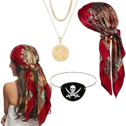 Conjunto de 3 piezas de disfraz de fiesta de carnaval - Diadema de satén de pirata nueva, cinturón, máscara de calavera de fieltro y parche para el ojo, disfraz de pirata medieval renacentista divertido con máscara de pirata, adecuado para el Día de San Valentín, fiesta de disfraces, fiesta de Navidad