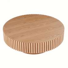 31.49" Round Coffee Table Wood, Modern Unique Circle Coffee Table, Contemporary Drum Fluted Coffee Table Accent End Side Table Center Table For Living Room, Small Space, Apartment - Natural - View 6
