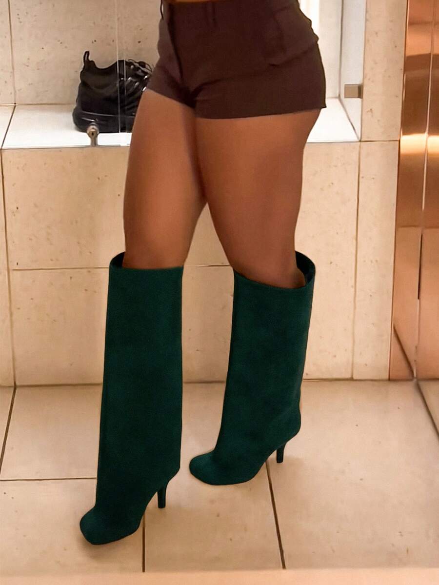Women's Knee High Boots Slouchy Suede Stiletto Boots Kitten Heel  Wide-Calf Square Toe Long Boots Pull On Stiletto Heels Tall Boots For Women - 墨綠色 - 查看 1