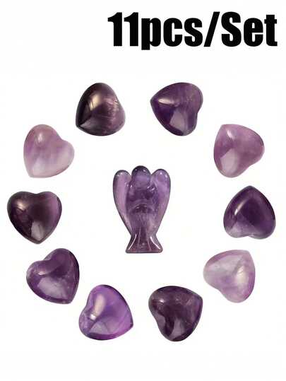 11pcs Amethyst Crystal Set | 1-Inch Mini Angel Polished Stones And 20mm Heart-Shaped Crystal Stone | Pocket Guardian | Classic Style Stones For Home Decor Craft | Perfect Gift For Family And Friends
