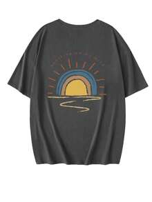 夏季新款简约时尚银灰色太阳印花休闲圆领短袖T恤，百搭且适合女性穿着 - 深灰色 - 查看 3