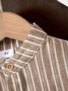 Young Boy Classic Brown Striped Pocket Henley Collar Shirt, Versatile For School, Casual, Party, Performance, Outdoor Travel - Mocha Brown - View 3