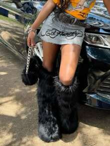 Bốt cao đến đầu gối mùa đông dành cho nữ Bốt bông xỏ ngón Bốt thời trang mũi tròn lông xù Da lộn thoải mái, sang trọng, ấm áp Bốt cao đến đầu gối Giày bệt trong nhà ngoài trời, dự tiệc, trang trọng cho phụ nữ Bốt mùa đông Bốt bông - màu đen - Xem 7