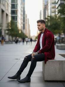 Men's Slim Velvet Cardigan - Essential Autumn/Winter - Rojo Borgoña - Ver 4