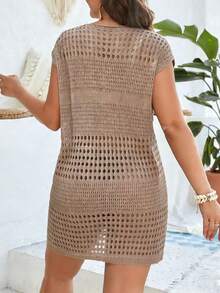 Plus Size Solid Color Round Neck Short Sleeve Dress/Cover-Up, Suitable For Vacation And Beach Summer - Khaki - View 2