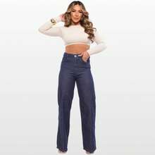Calça Jeans Feminina Wide Leg Pantalona Escura cor jeans Cintura Alta 100% Algodão Premium - ESCURA - Visão 1