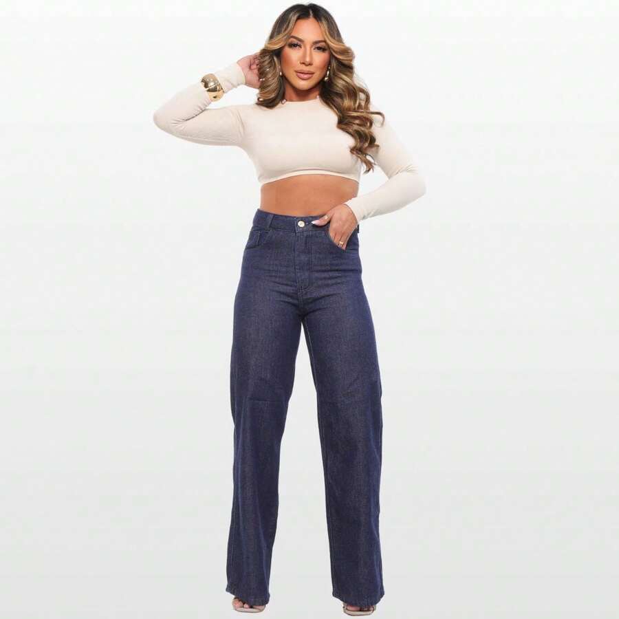 Calça Jeans Feminina Wide Leg Pantalona Escura cor jeans Cintura Alta 100% Algodão Premium - ESCURA - Visão 1