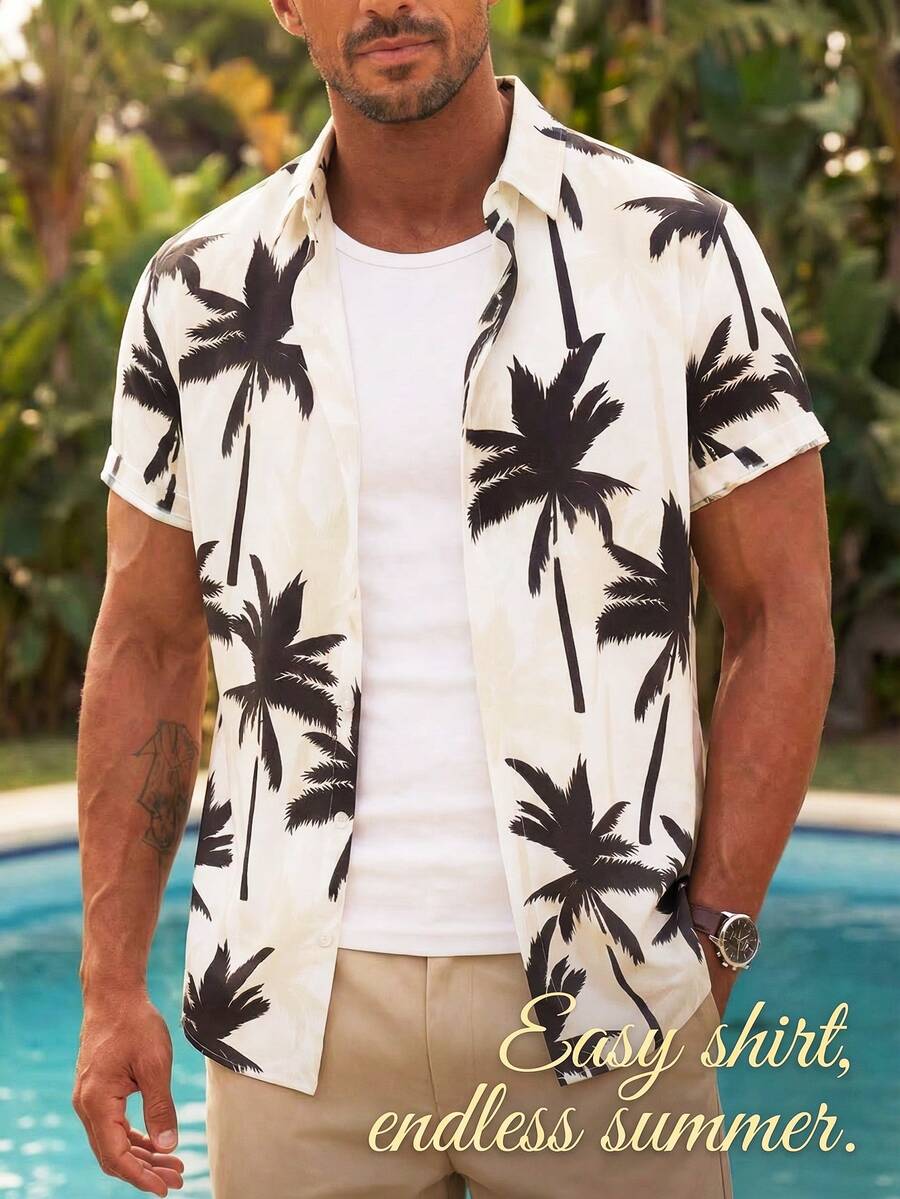 Men's Retro Vintage Coin Style Asymmetric Digital Print Short Sleeve Shirt, Lightweight, Fashionable, Casual, Versatile - Multicolor - View 1