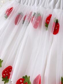 Bộ 2 món cho bé gái, áo và chân váy lưới họa tiết hoa dâu tay cánh hoa dễ thương, kiểu dáng công chúa, thích hợp cho mùa xuân/hè. - trắng - Xem 10