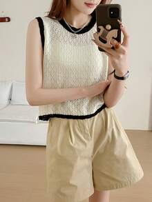 Wixra Spring/Summer New Korean Style Hollow Crochet Sleeveless Vest For Women, Patchwork Color Loose Knit Cardigan Top - Apricot - View 2