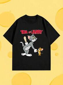 Whysmera SHEIN X Tom & Jerry 女士夏季新款联名印花T恤，采用亲肤透气塑形面料，经典卡通和美式涂鸦字体，宽松版型，具有抗衰老功效，适合日常通勤、校园穿搭、女友约会、动漫主题派对、居家等各种场合。 - 黑色 - 查看 1