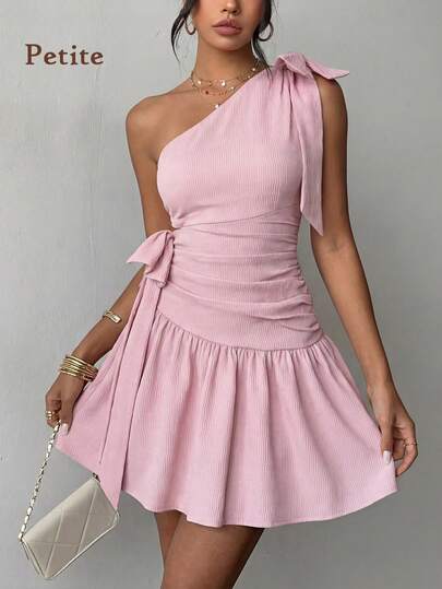 Petite Casual Pink One Shoulder Dress With Big Bow Accent On Shoulder, Pleated Waist & A-Line Pleated Short Skirt, Textured Fabric – Sweet Elegant Fashionable Style Ideal For Date Nights, Parties, Afternoon Teas, Going Out Outfits, Summer Holidays, Vacations, Plain Outfits