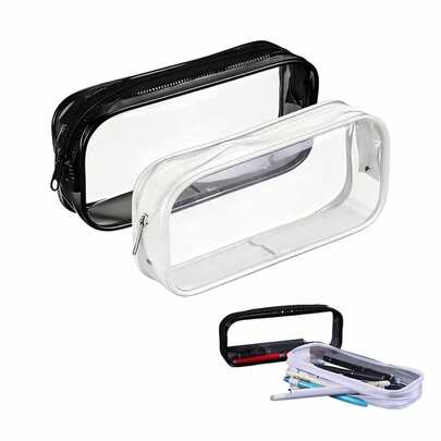 1pc Transparent Zipper Pencil Case, PVC Clear Stationery Bag, White/Black