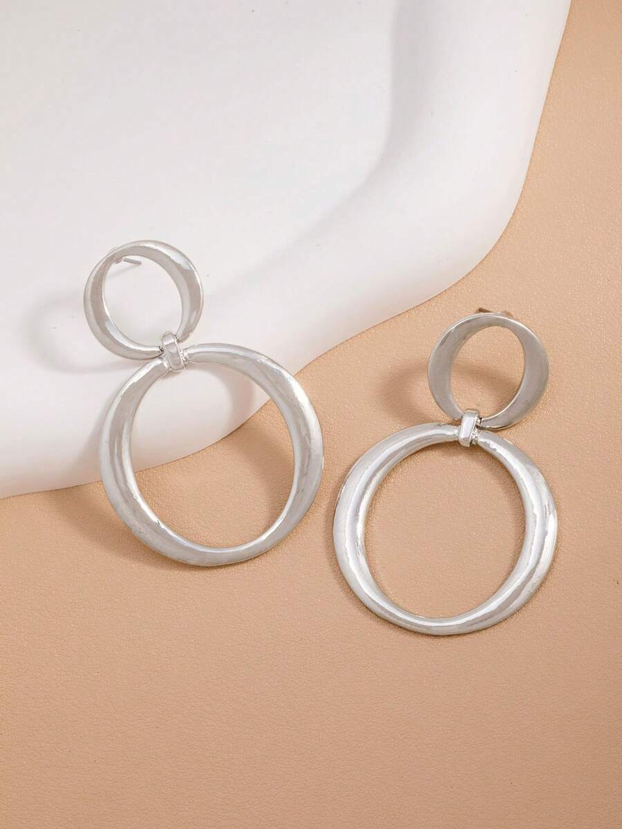 1pc Geometric Hoop Earrings, Charming Design Suitable For Women, Versatile For Commuting And Daily Wear - Silver Plain Ring - View 1
