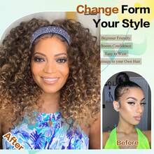 Blonde Curly Headband Wig 12 Inch Kinky Ombre Brown Mixd Blonde Highlighted Headband Wigs For Women Short Glueless No Lace Deep Curly Half Hair Wigs (T33/27) - 12inch-Curly-T33/27 - 查看 3