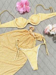 女士春夏新款格子性感休闲优雅比基尼泳衣套装，含沙滩度假派对配套罩衫和半身裙 - 彩色 - 查看 2