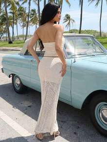 Women's Elegant Cream Textured Strapless Crop Top & Midi Skirt Two Pieces Set, Chic Sexy Summer Vacation Outfit, Minimalist Beach Wear - Apricot - View 4