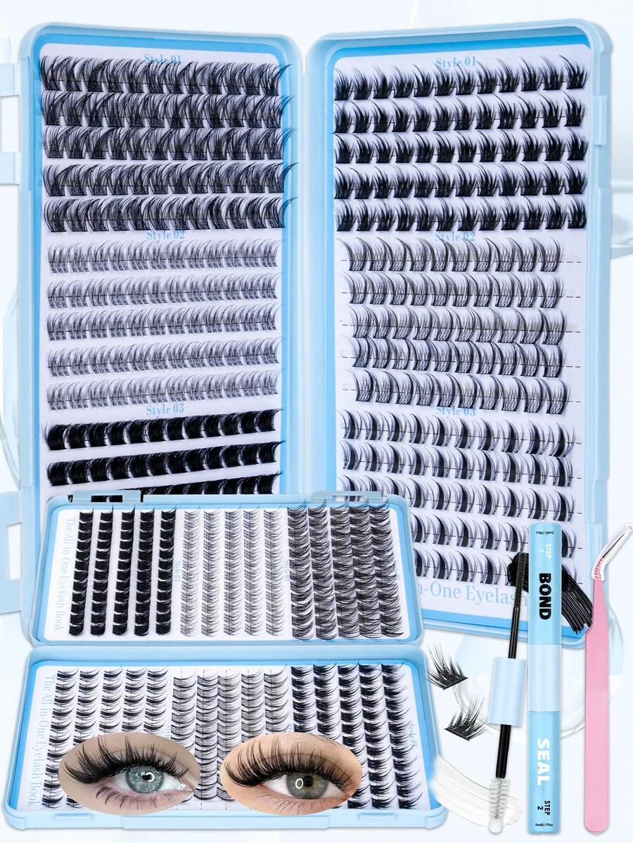 340pcs Cluster False Eyelashes, Mixed Curly Lash Extension Set, D-Curl Voluminous, DIY Lash Extension Kit, Soft Individual Lashes, Create Natural Y2K Makeup Look, Easy DIY Long-Lasting Lash Glue Sealing, DIY Lash Tweezers - Black - View 1