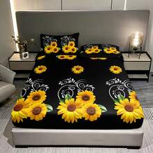 三件套黑色向日葵图案印花床单（1张床单，2个未填充枕套），2D平面印花，营造浪漫卧室氛围，卧室家居装饰，浪漫卧室床上用品必备。 - 彩色 - 查看 6