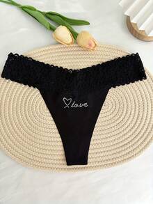 Customized Name Sparkling Crystal Alphabet Thong, Personalized Low-Waist Underwear, Sexy Lace Flower Heart Shaped Love Crystal Pattern, Breathable Ice Sliky Fiber Fabric Triangle Panties, Single Party Personalized Gift, Bride Wedding Customized Underwear, Couples Customized Gift, Personalized Gift For Girlfriend/Wife/Lover's Anniversary/Valentine's Day/Birthday/Marriage/Bedroom/Holiday - 黑色 - 查看 3