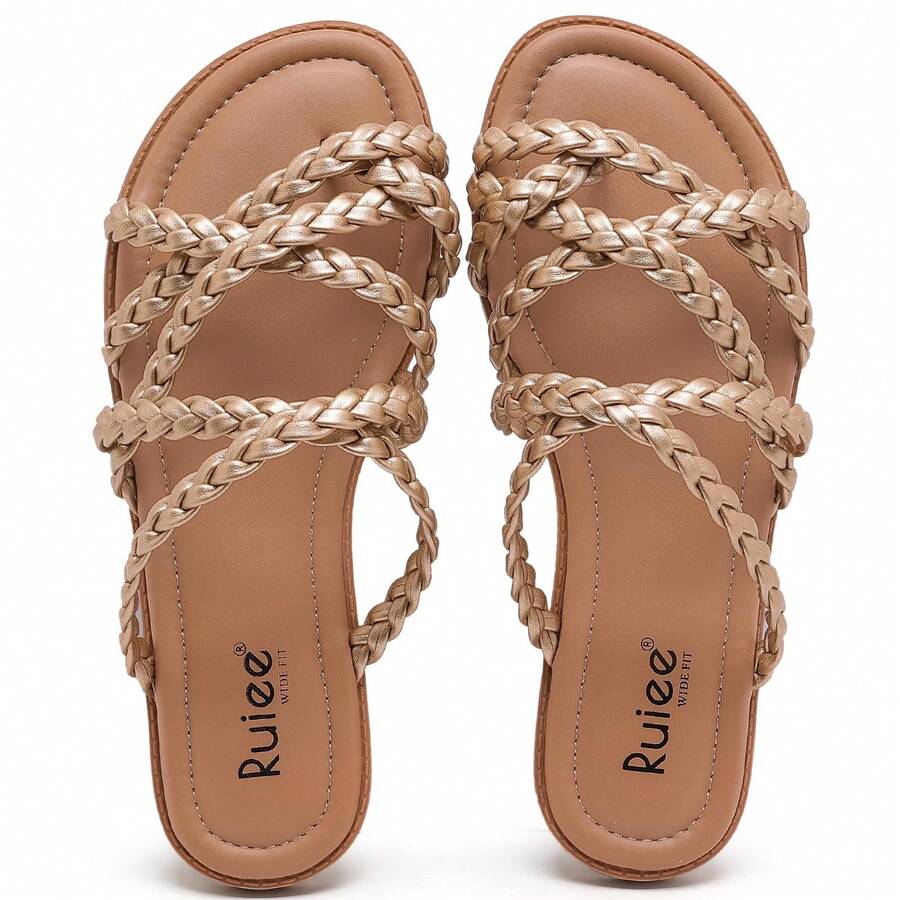 Wide Width Sandals For Women, Summer Flip Flops Flat Slide Sandals Casual Braided Wide Feet Slides Comfort Slip On Thong Womens Sandal. - Vàng PU 780 - Xem 1