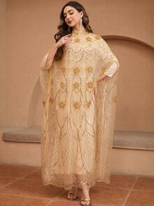 Luxury Apricot Gold Pearl Embroidered Lace Trim Long Wedding Dress - Apricot - View 4