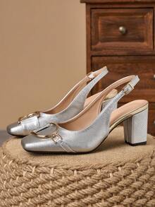 Elegant Silver Snake Skin Thick Heel Sandals, Metal Buckle Open Back Design, Slimming Effect, Versatile For Banquet And Date, High Heels - Silver - View 2
