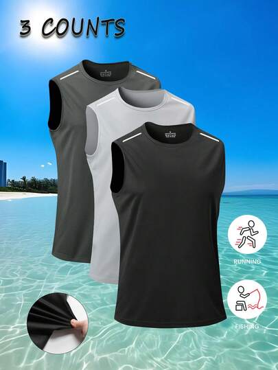 Bộ 3 áo tank top thể thao nam, áo thun tập luyện không tay nhẹ, màu trơn có in họa tiết, trang phục thường ngày đi biển.