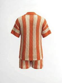 女士夏季度假休闲条纹镂空针织上衣和短裤套装 - 橘色 - 查看 4