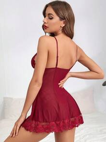 Camisón de encaje y malla sexy - Burdeos - Ver 4