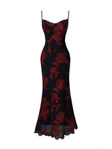 叶子花卉提花生日派对优雅网纱拼接正式晚礼服度假黑色 - 黑色 - 查看 6