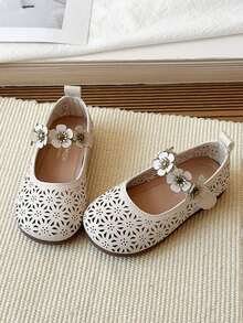 1双女童真皮镂空透气可爱皮鞋，婴幼儿防滑软底学步鞋，百搭休闲鞋，玛丽珍乐福鞋，带搭扣，适合春、夏、秋季穿着 - 米色 - 查看 4