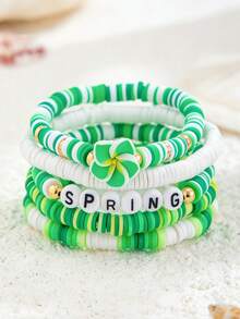 5pcs St. Patrick's Day Bracelet Set, Fresh Green Flower & Letter Polymer Clay Bracelet Set - Multicolor - View 6