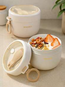 1 Set Overnight Oats Container With Lid, Portable Breakfast Cup & Soup Bowl, 21.12 Oz, Includes Plastic Spoon, Reusable, PP Microwave , For Overnight Oats Or Oatmeal Breakfast, Suitable For School, Office, Camping (Random Color) - Multicolor - View 3