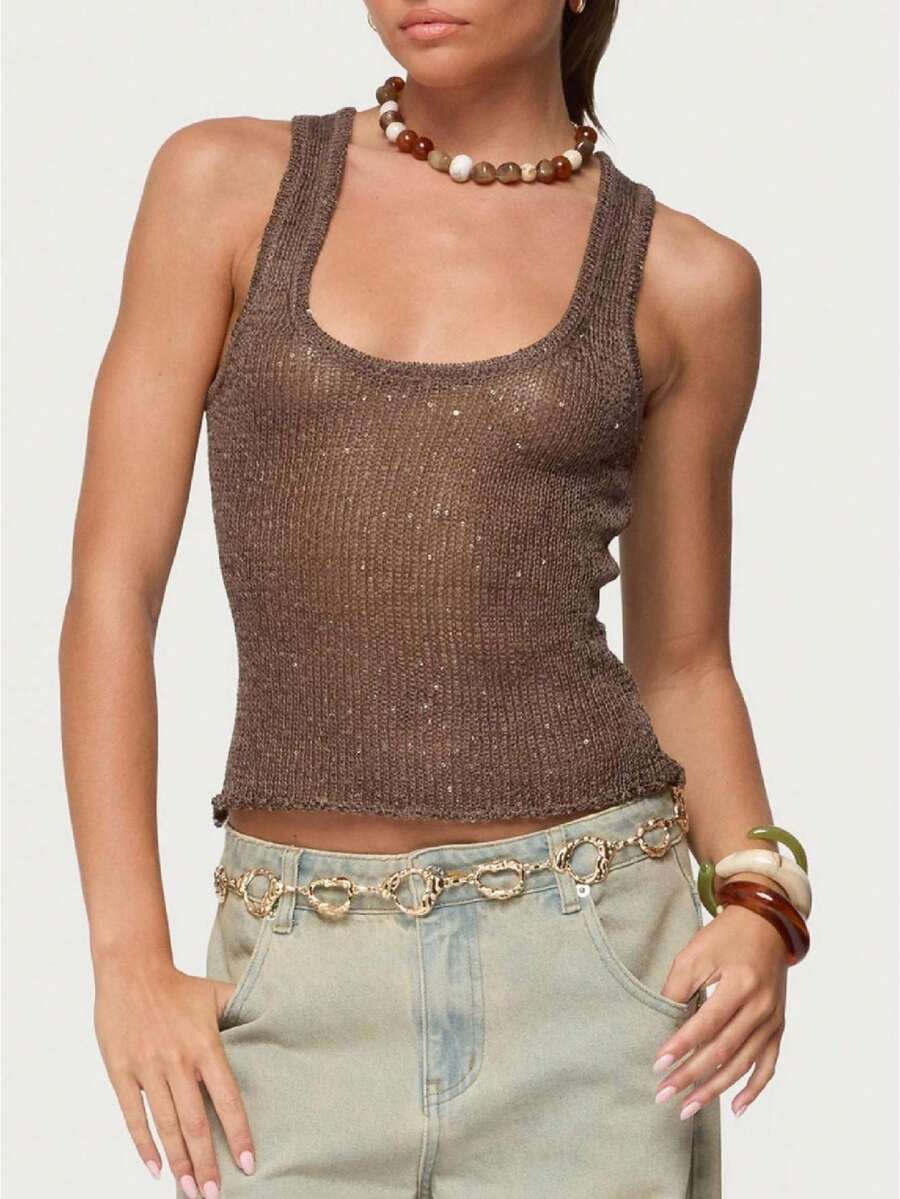 Women Y2K Sequin Knit Tank Top 90S Vintage Square Neck Sheer Knit Crop Top Summer Going Out Camisole Party Clubwear - Cà phê nâu - Xem 1
