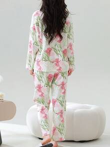 女士两件套开衫睡衣套装，长袖上衣和长裤，柔软舒适，适合春秋季穿着。 - 白色 - 查看 2