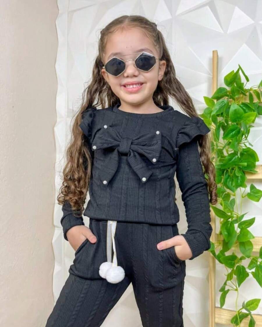 CONJUNTO MENINA BLOGUEIRINHA LAÇO, PRINCESA , MEIA ESTAÇÃO OUTONO / INVERNO, CASUAL ,FESTA - Preto - Visão 1