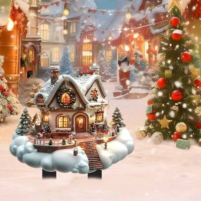 2D亚克力圣诞小屋花园插牌，雪景冬日仙境庭院装饰，节日发光小屋草坪标牌，户外节日装饰品，圣诞树街景派对装饰