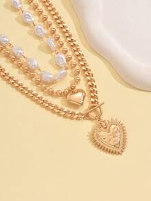 Set de 3 piezas de collar con colgante de corona y corazón, perlas barrocas y cuentas, elegante y lujoso, adecuado para uso diario y fiestas, hecho a mano con longitud ajustable, puede ser un regalo ideal para el Día de la Madre - Dorado - Ver 3