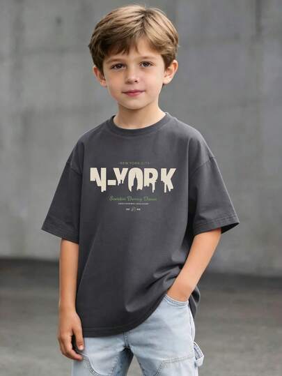 1pc Boys' Casual Round Neck Short Sleeve T-Shirt With Colorful English Letter & Dinosaur Print, Summer Student Wear - This T-Shirt With Vibrant English Letters And Dinosaur Print Will Bring Joy And Happiness To Every Child!