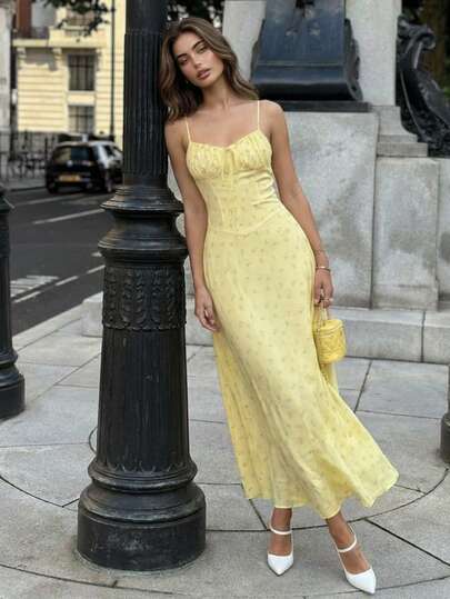 Women's Elegant Pale Yellow Floral Spaghetti Strap Lace Up Ruched Waist Midi Dress, Chic Sexy Summer Dress, Romantic Vacation Outfit