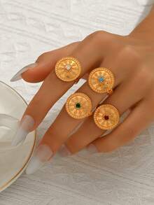 1pc Bohemian Style Colorful Zirconia Round Disc Adjustable Ring, Fashionable Party/Holiday Accessory For Women - Multicolor - View 2