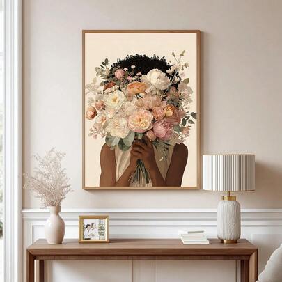 1pc Framed/Unframed Boho Floral Girl Abstract Feminine Art Canvas Poster Flower Wall Art Print Aesthetic Decor Painting For Apartment,Living Room,Bedroom,Modern Home Decoration