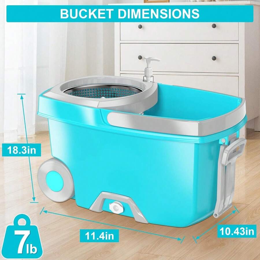 Escurridor de mopa y cubo, juego de mopa y cubo con escurridor para el hogar, herramienta de limpieza de pisos con giro de 360°, con 4 recambios de cabezal de microfibra, mango extendido de 61", 2 ruedas - Azul - A - Ver 1