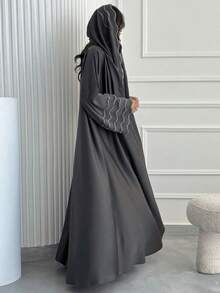 Women's Gray Robe With Striped Embroidered Jacket And Headscarf - Grey - View 3