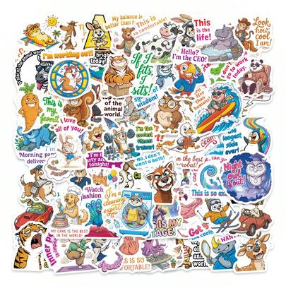 56pcs Anthro Animal Quote Stickers - Waterproof Vinyl Decals With Humorous Personified Wildlife & Slogan Designs For Laptop, Water Bottle, Luggage & Planner, Ideal For Animal Lovers To Add A Playful, Relatable Vibe To Personal Belongings And Create Fun DIY Decor For Casual Accessories