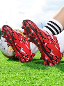 4-Season Sports Football Shoes, Campus Style Football Match Shoes, Football Training Shoes, Long Studs Anti-Slip, Asymmetrical Camouflage Pattern Upper, Convenient Hook And Loop Closure - Red - View 3